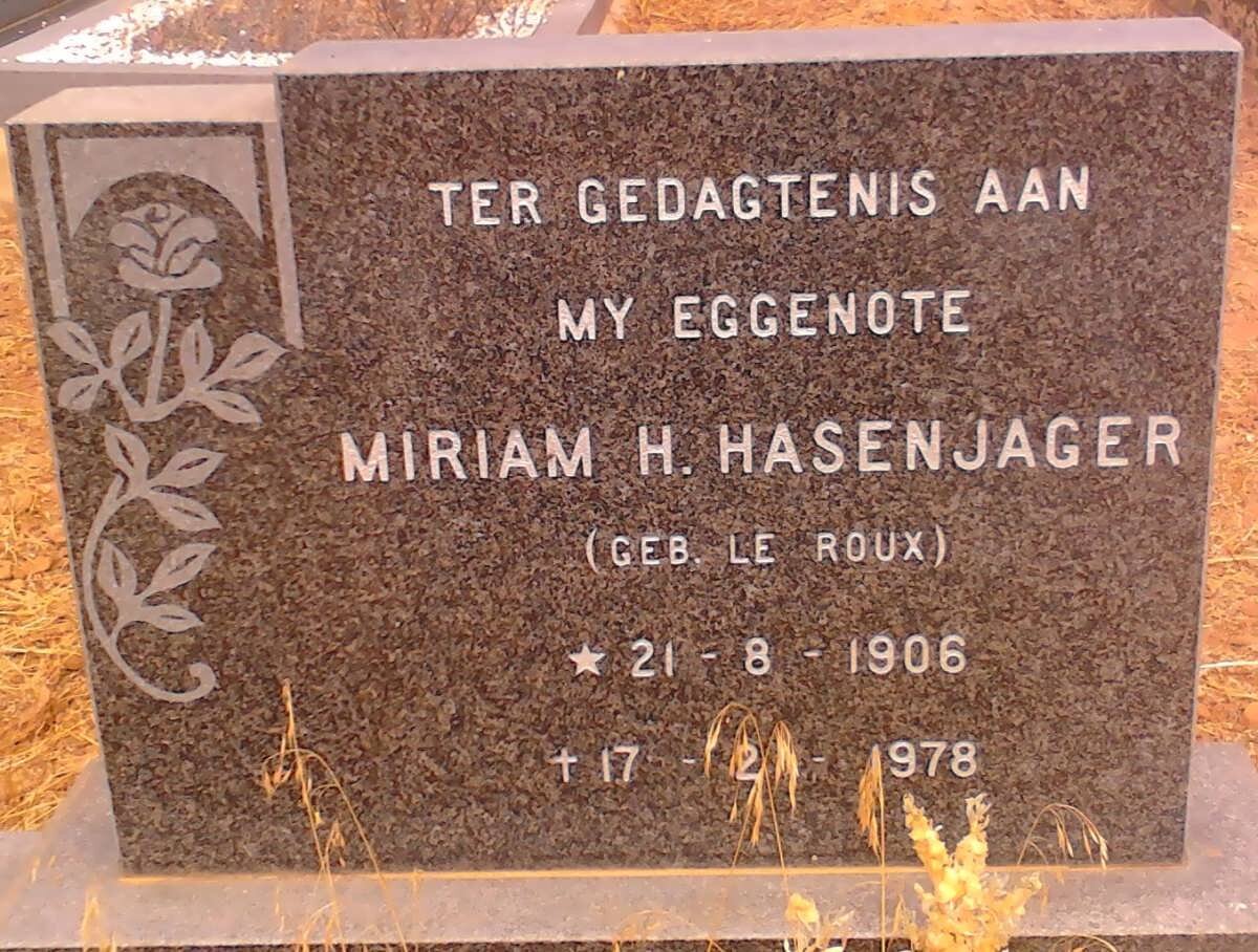 HASENJAGER Miriam H. nee LE ROUX 1906-1978