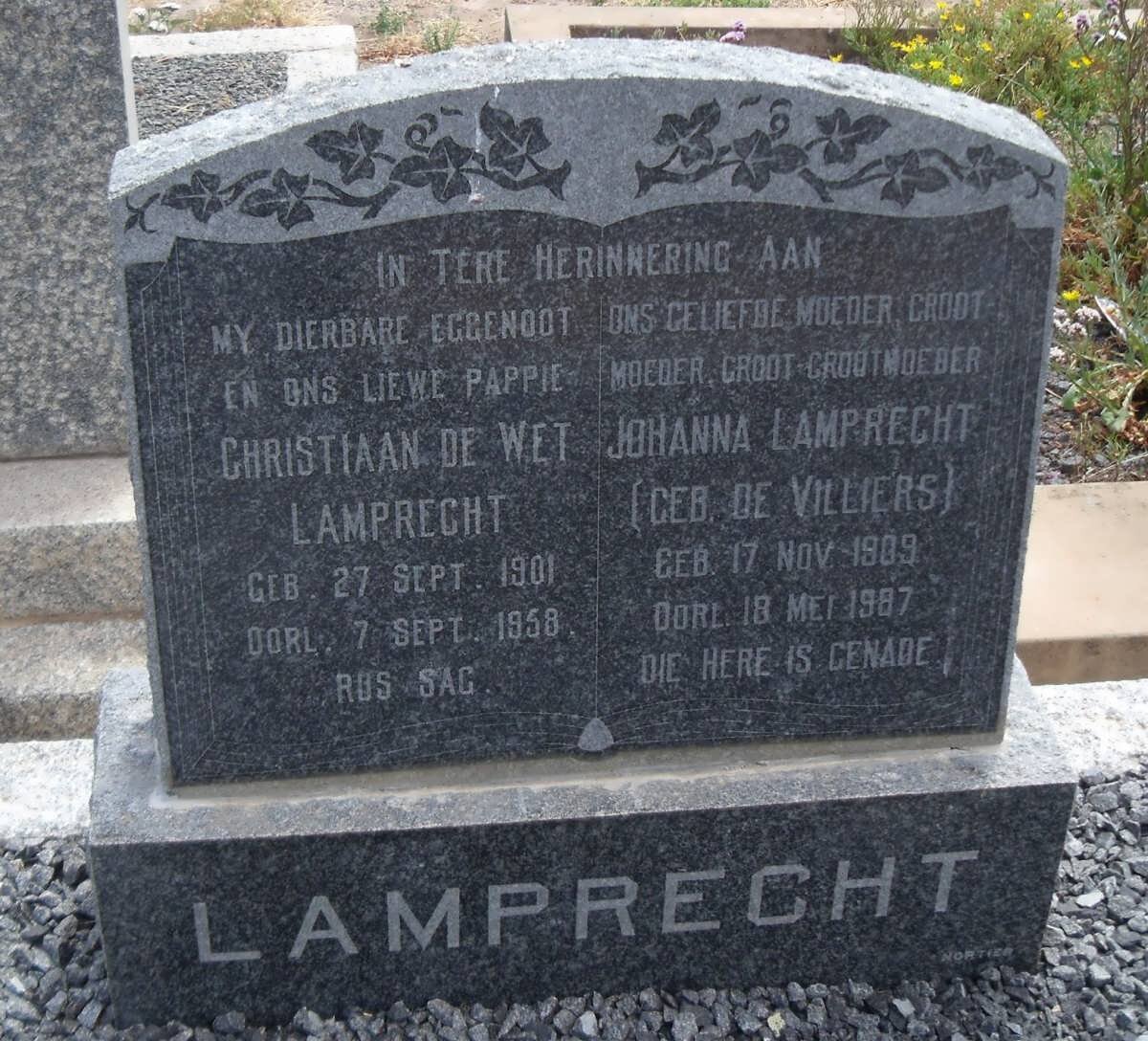 LAMPRECHT Christiaan De Wet 1901-1958 &amp; Johanna DE VILLIERS 1909-1987