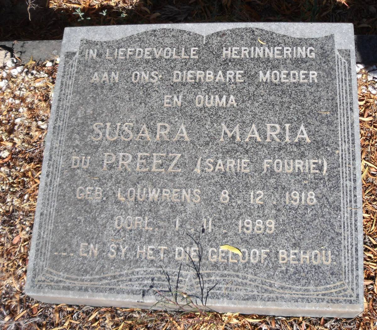 PREEZ Susara Maria, du voorheen FOURIE nee LOUWRENS 1918-1989