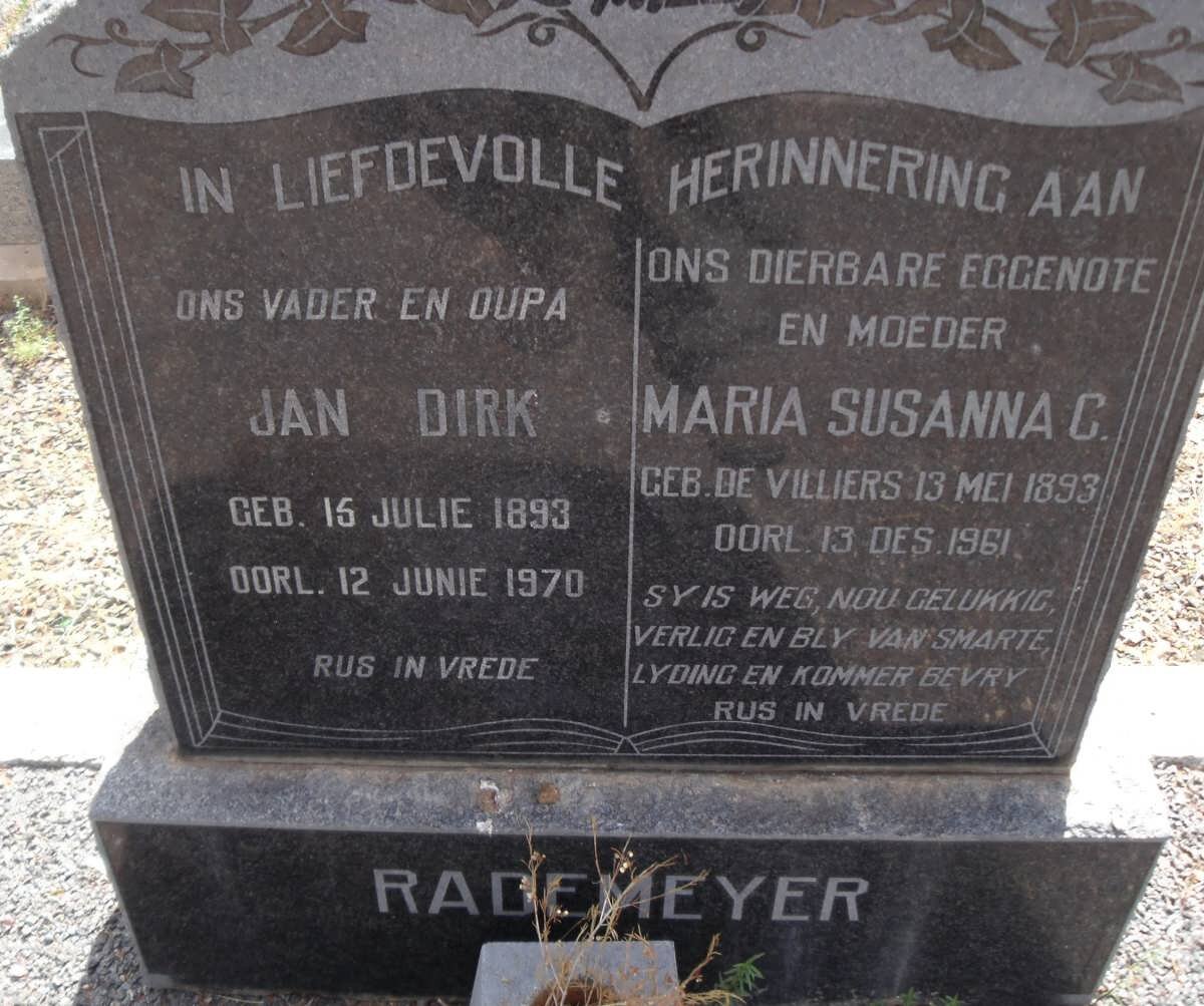 RADEMEYER Jan Dirk 1893-1970 &amp; Maria Susanna C. DE VILLIERS 1893-1961