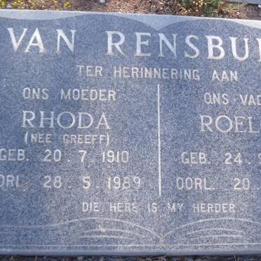 RENSBURG Roelof 1908-1989 &amp; Rhoda GREEFF 1910-1989