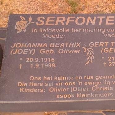 SERFONTEIN Gert Thomas 1909-2000 &amp; Johanna Beatrix OLIVIER 1916-1999