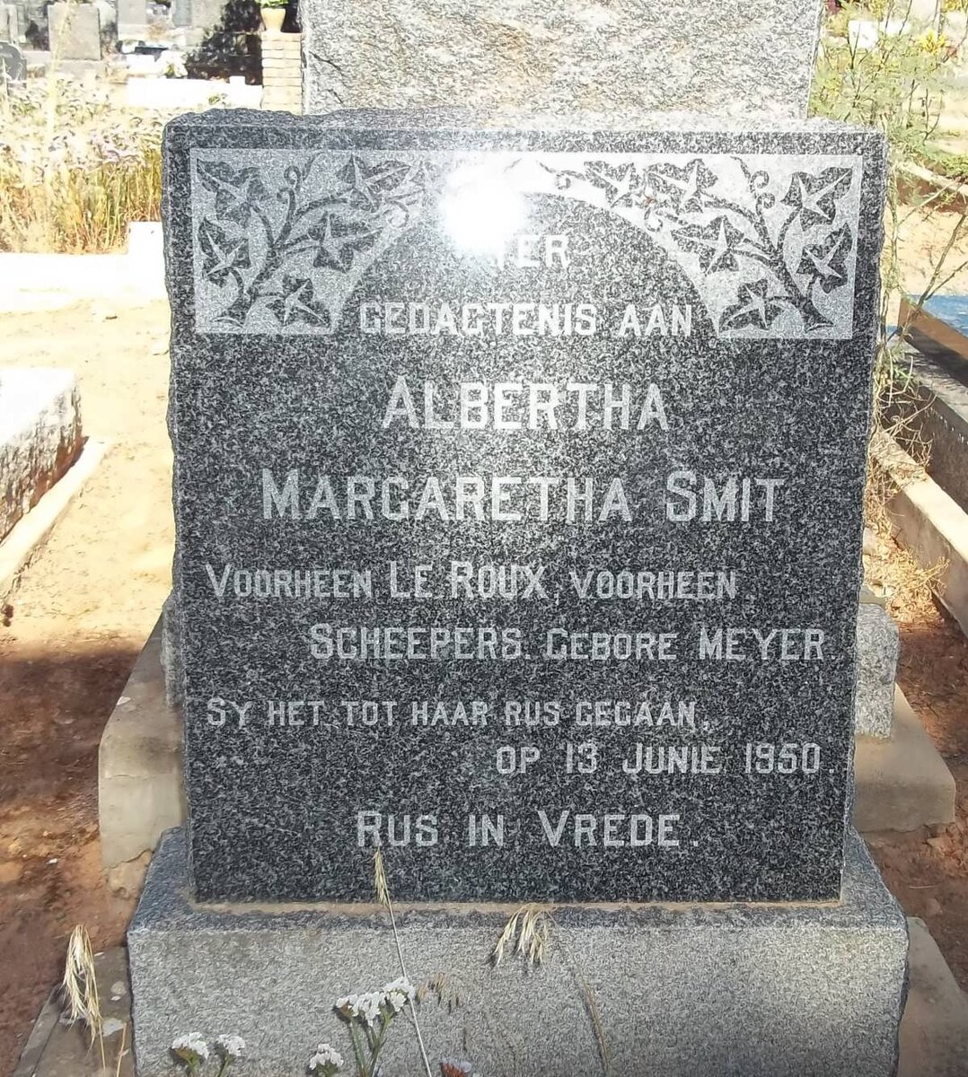 SMIT Albertha Margaretha voorheen LE ROUX voorheen SCHEEPERS nee MEYER -1950