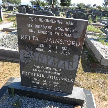 SNYMAN Frederik Johannes 1934-2017 & Retta Rainsford 1936-2000
