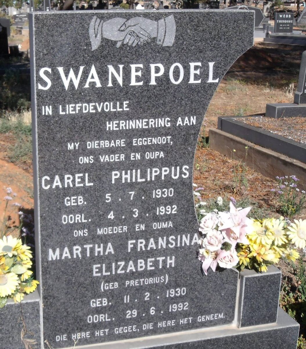 SWANEPOEL Carel Philippus 1930-1992 &amp; Martha Fransina Elizabeth PRETORIUS 1930-1992