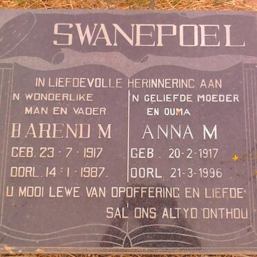 SWANEPOEL Barend M. 1917-1987 &amp; Anna M. 1917-1996