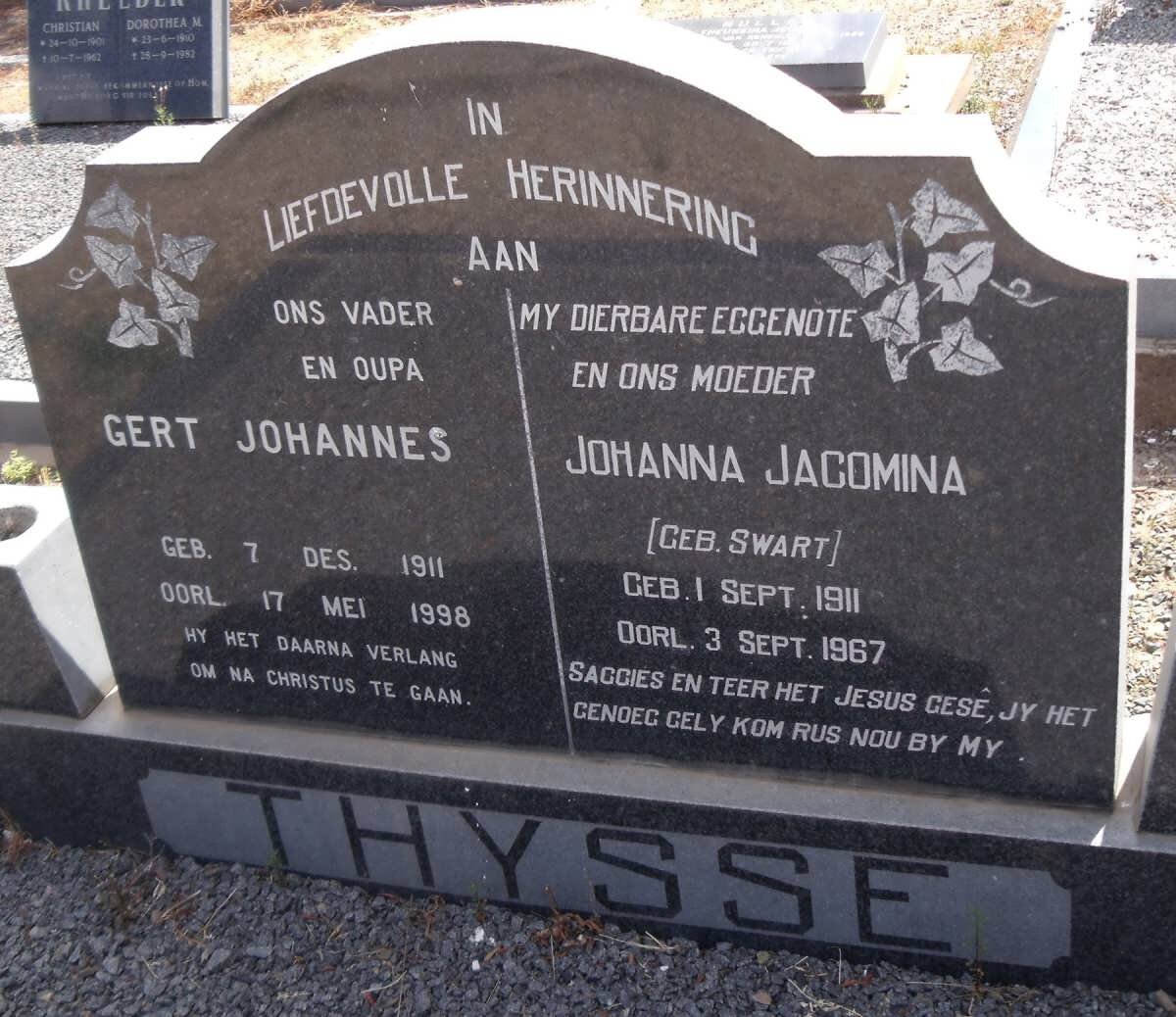 THYSSE Gert Johannes 1911-1998 &amp; Johanna Jacomina SWART 1911-1967