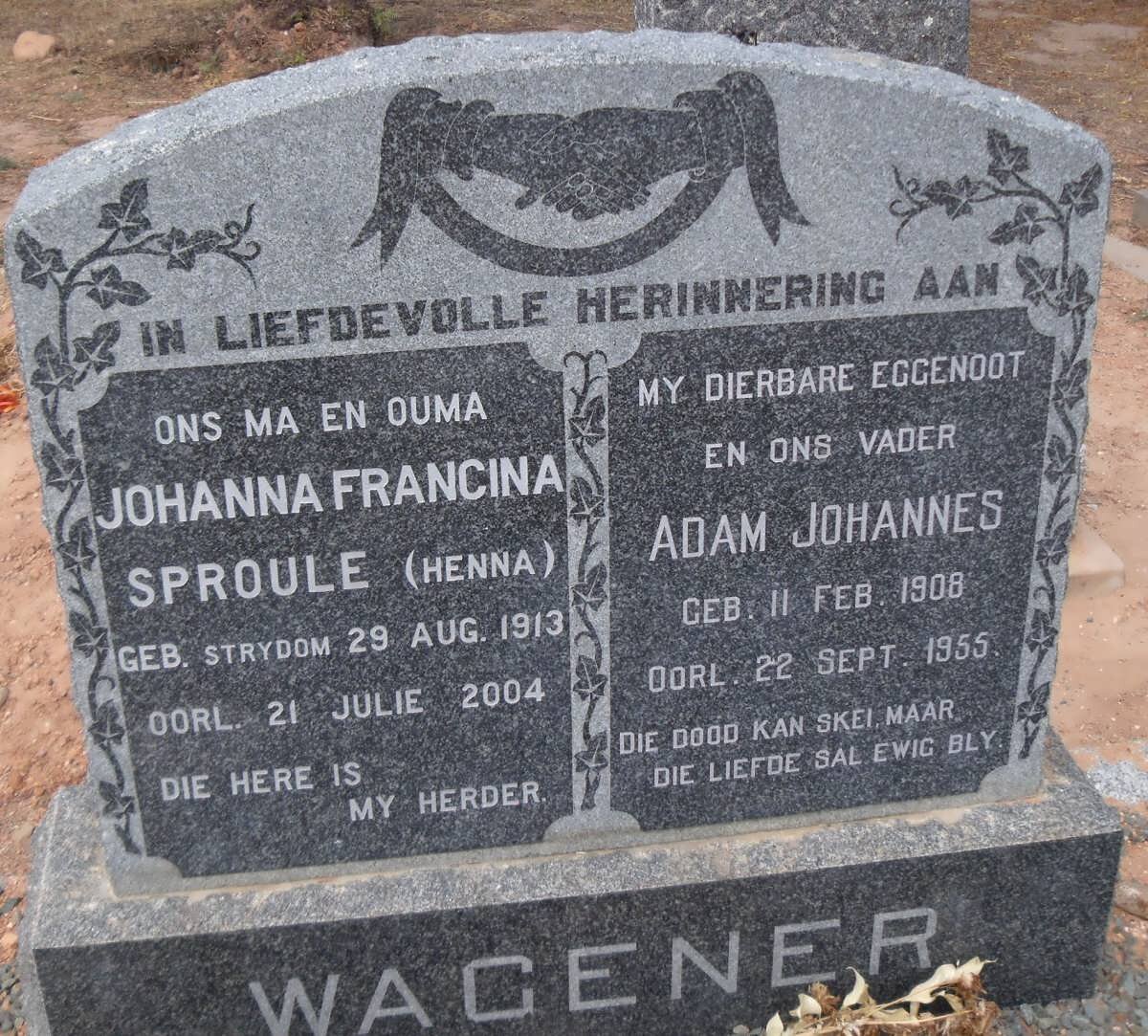 WAGENER Adam Johannes 1908-1955 &amp; Johanna Francina SPROULE 1913-2004