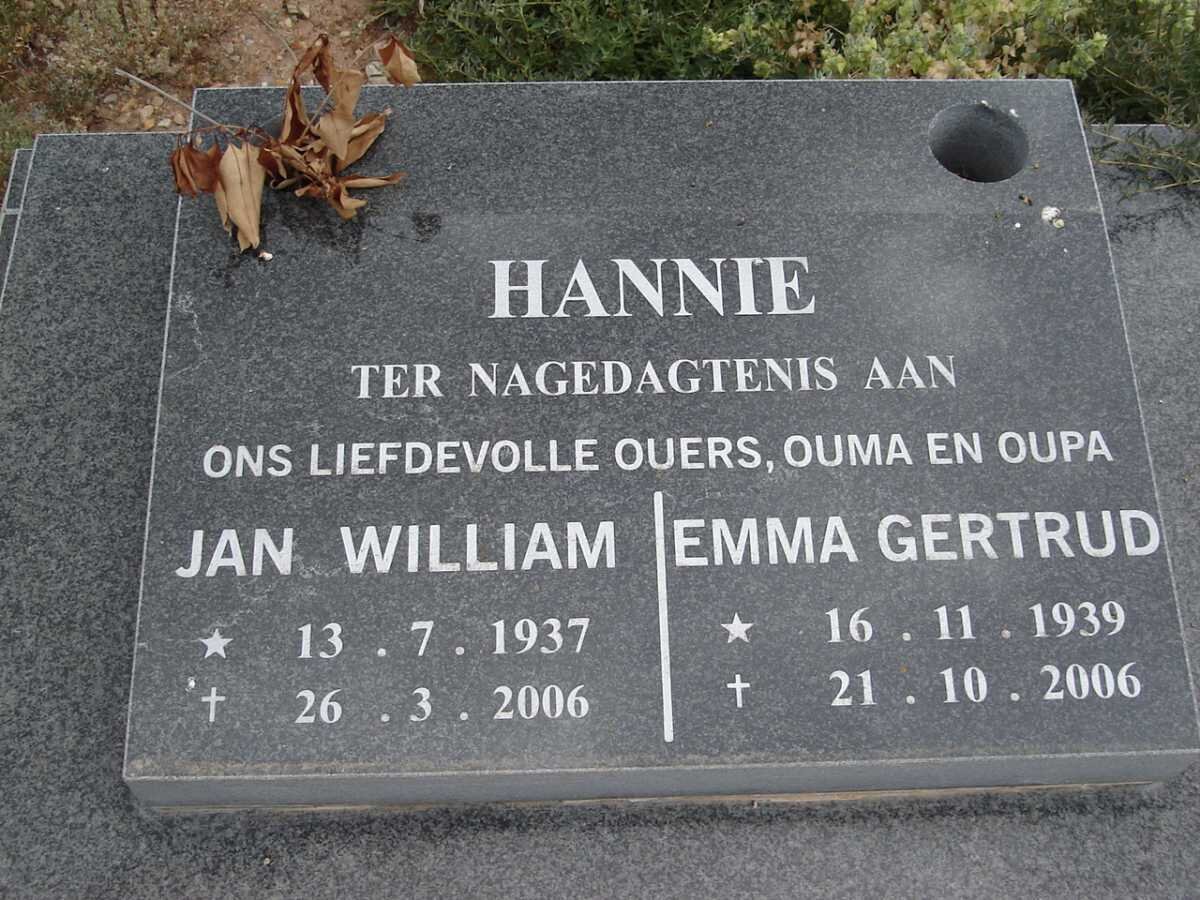 HANNIE Jan William 1937-2006 &amp; Emma Gertrud 1939-2006