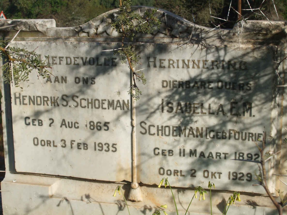 SCHOEMAN Hendrik S. 1865-1935 &amp; Isabella E.M. FOURIE 1892-1929