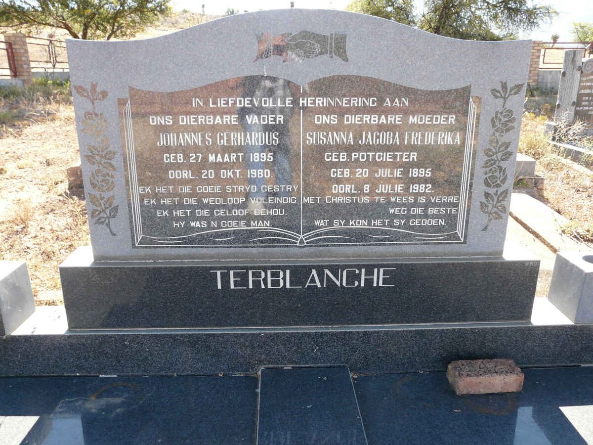 TERBLANCHE Johannes Gerhardus 1895-1980 &amp; Susanna Jacoba Frederika POTGIETER 1895-1982