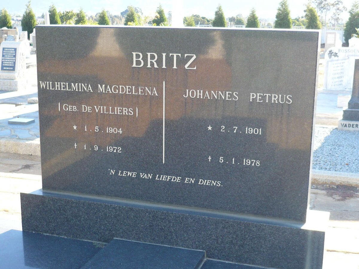 BRITZ Johannes Petrus 1901-1978 &amp; Wilhelmina Magdelena DE VILLIERS 1904-1972