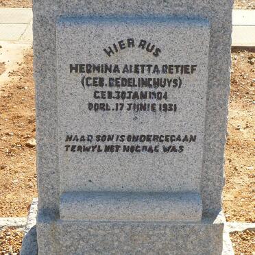 RETIEF Hermina Aletta nee REDELINGHUYS 1904-1931