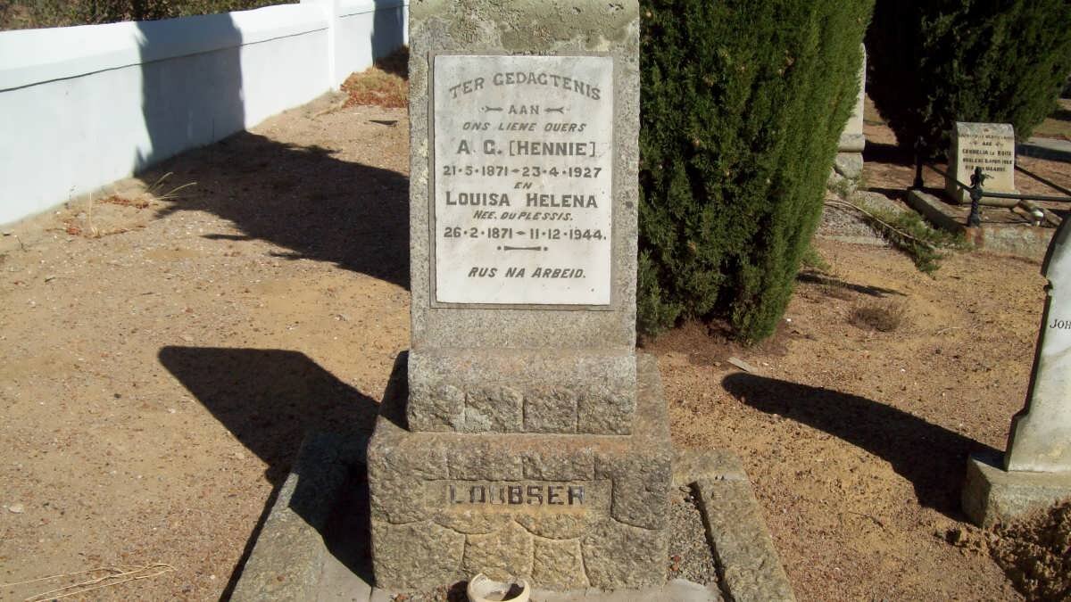 LOUBSER A.G. 1871-1921 &amp; Louisa Helena DU PLESSIS 1871-1944