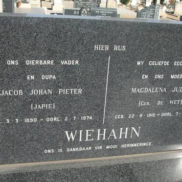 WIEHAHN Jacob Johan Pieter 1890-1974 &amp; Magdalena Judith DE WET 1910-1968