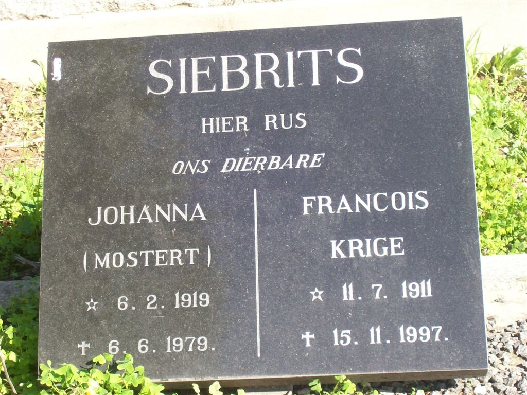 SIEBRITS Francois Krige 1911-1997 &amp; Johanna MOSTERT 1919-1979