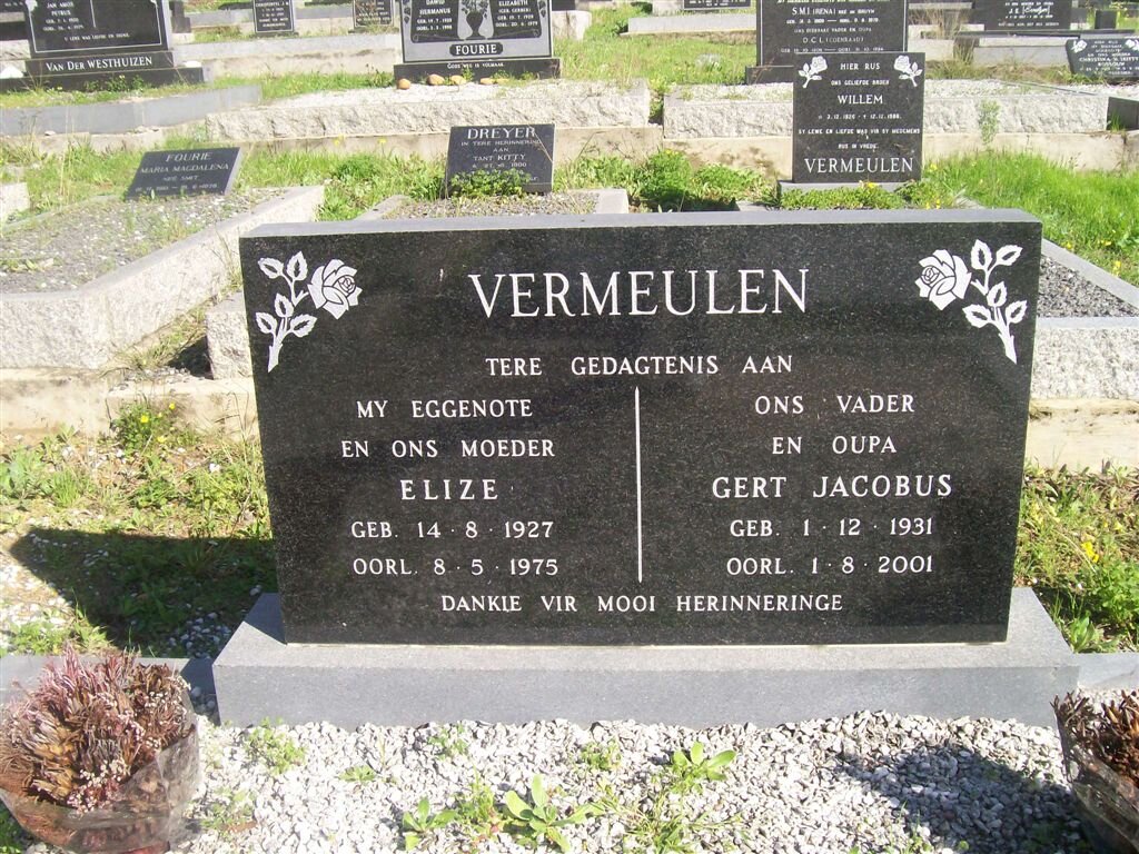 VERMEULEN Gert Jacobus 1931-2001 &amp; Elize 1927-1975
