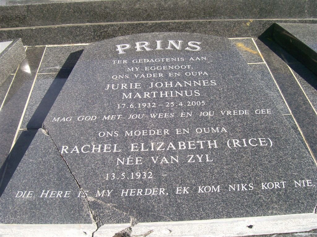 PRINS Jurie Johannes Marthinus 1932-2005 &amp; Rachel Elizabeth VAN ZYL 1932-