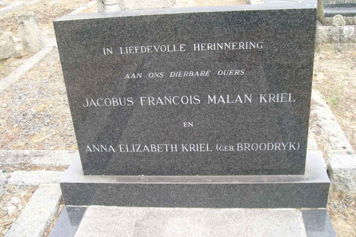 KRIEL Jacobus Francois Malan &amp; Anna Elizabeth BROODRYK