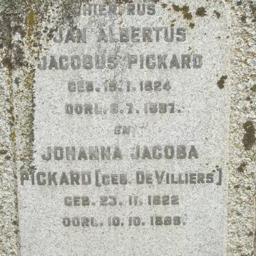 PICKARD Jan Albertus Jacobus 1824-1897 &amp; Johanna Jacoba DE VILLIERS 1822-1899