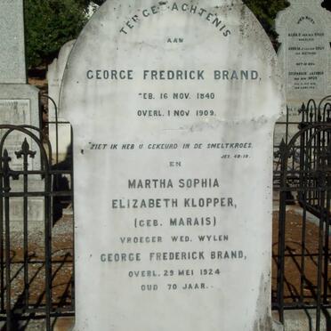 BRAND George Fredrick 1840-1909 &amp; Martha Sophia Elizabeth KLOPPER nee MARAIS