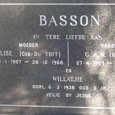 BASSON G.A.R. 1903-1976 &amp; Elise DU TOIT 1907-1968