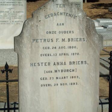 BRIERS Petrus F.M. 1800-1870 &amp; Hester Anna MYBURGH 1803-1893