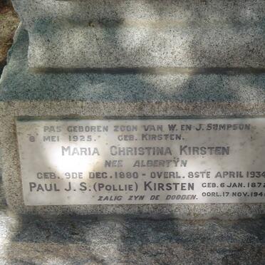 KIRSTEN Paul J.S. 1872-1945 &amp; Maria Christina ALBERTYN 1880-1934 :: SAMPSON Baby -1925