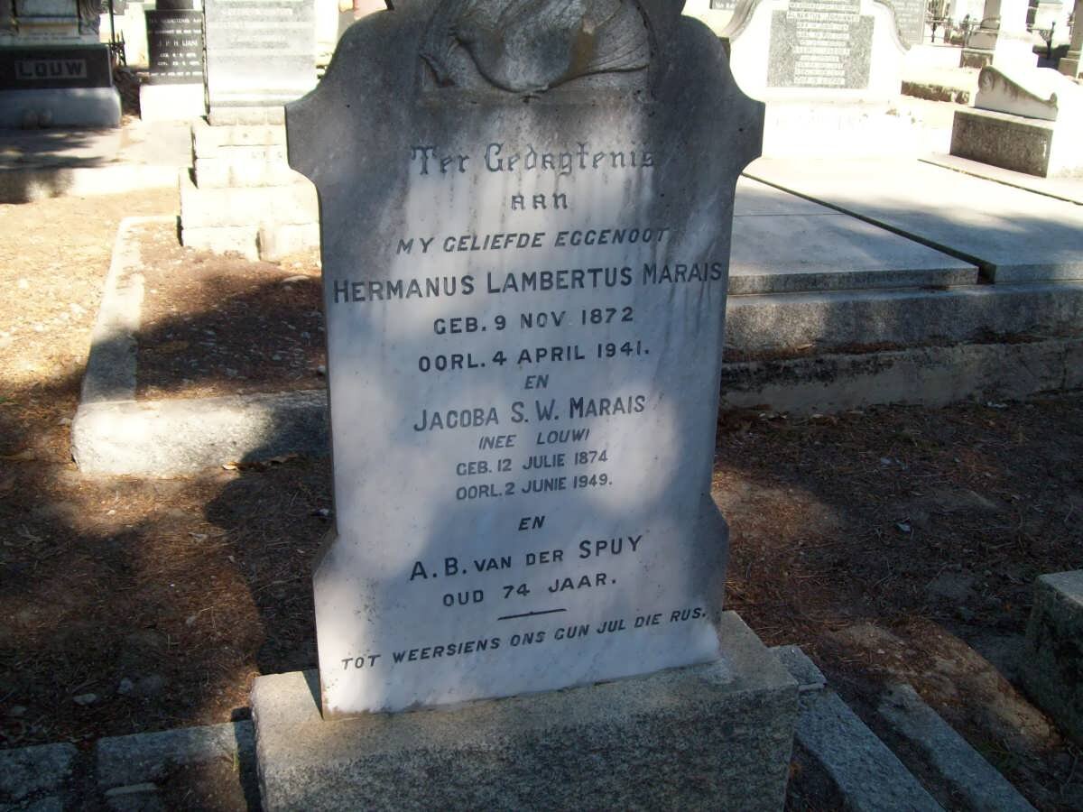 MARAIS Hermanus Lambertus 1872-1941 &amp; Jacoba S.W. LOUW 1874-1946 :: VAN DER SPUY A.B. 