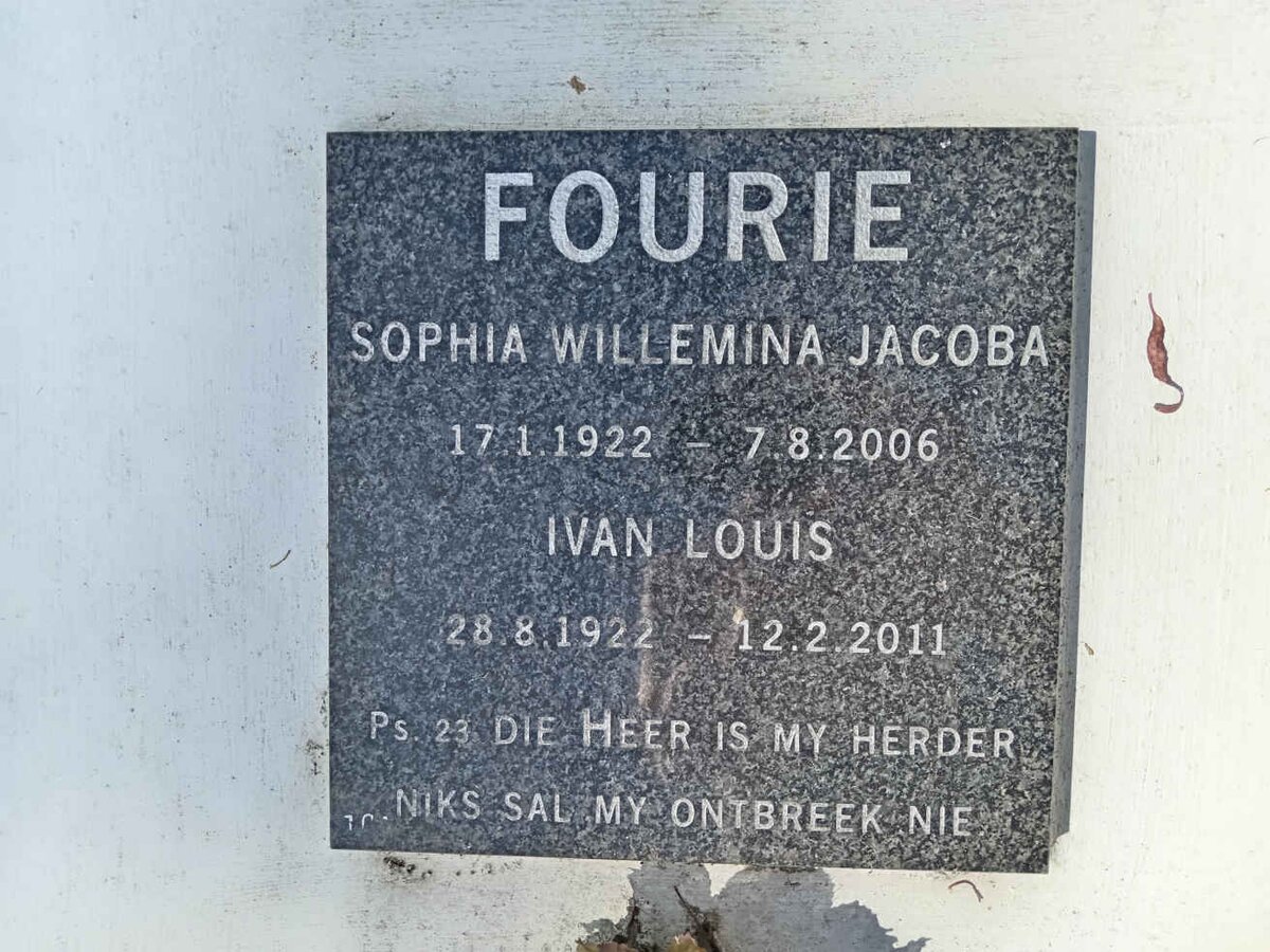 FOURIE Ivan Louis 1922-2011 &amp; Sophia Wilhelmina Jacoba 1922-2006