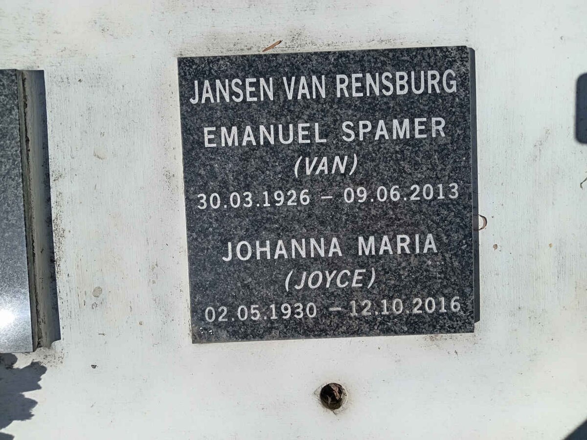 RENSBURG Emanuel Spamer, Jansen van 1926-2013 &amp; Johanna Maria 1930-2016