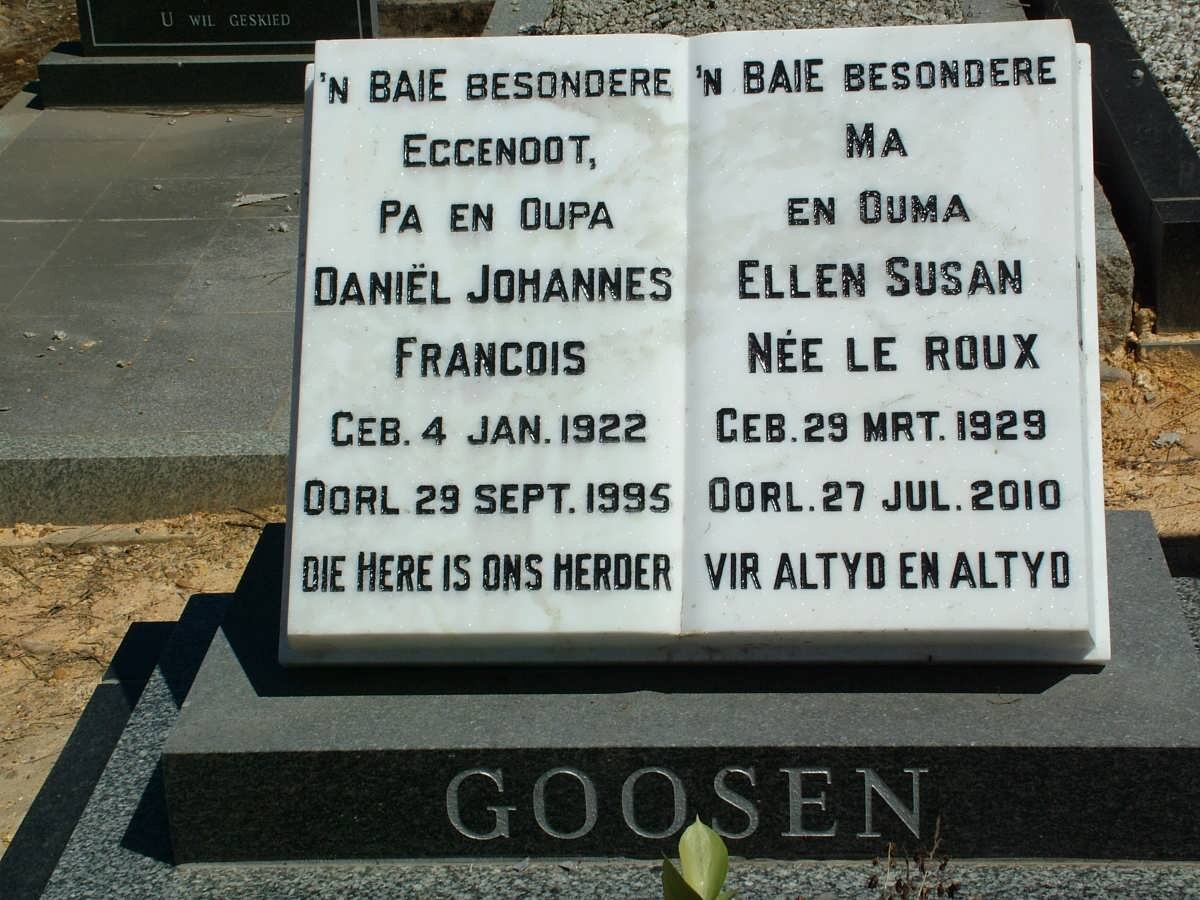 GOOSEN Daniël Johannes Francois 1922-1995 &amp; Ellen Susan LE ROUX 1929-2010