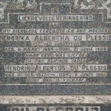 PLESSIS Hendrik Albertus, du 1877-1961 &amp; Hendrika Albertha VAN JAARSVELD 1895-1939