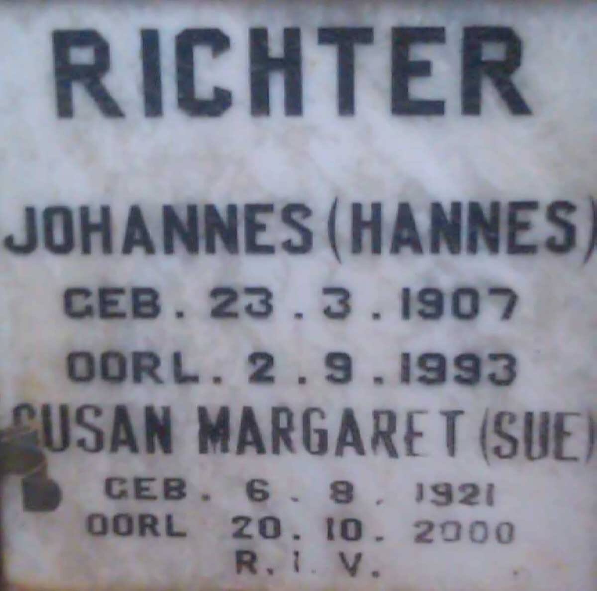 RICHTER Johannes 1907-1993 &amp; Susan Margaret 1921-2000