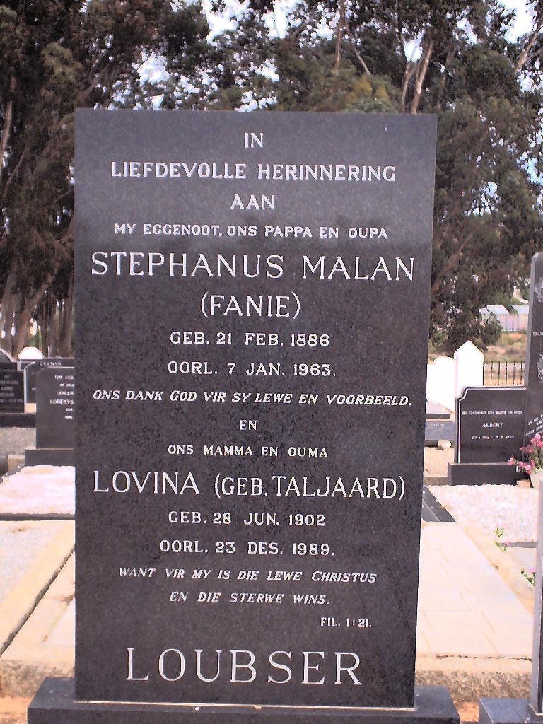 LOUBSER Stephanus Malan 1886-1963 &amp; Lovina TALJAARD 1902-1989