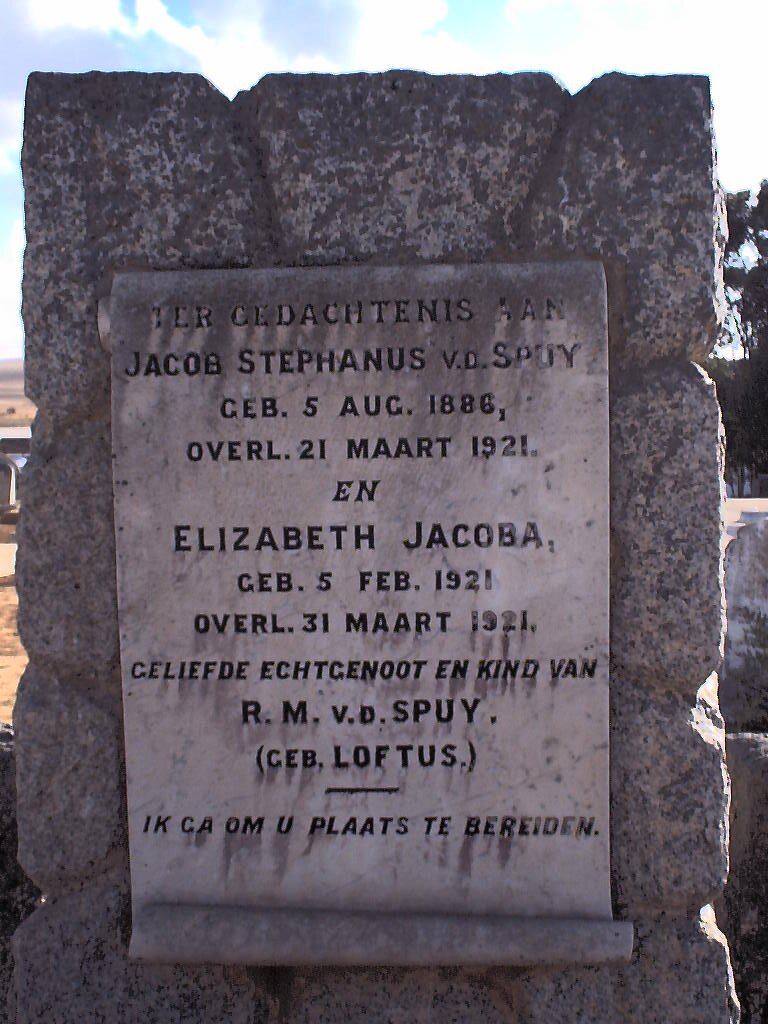 SPUY Jacob Stephanus, v.d. 1886-1921 ::  V.D. SPUY Elizabeth Jacoba 1921-1921