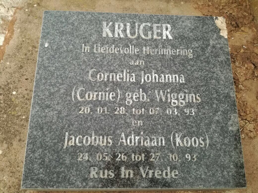 KRUGER Jacobus Adriaan 1926-1993 &amp; Cornelia Johanna WIGGINS 1928-1993