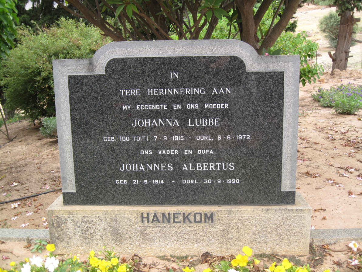 HANEKOM Johannes Albertus 1914-1990 &amp; Johanna Lubbe DU TOIT 1915-1972