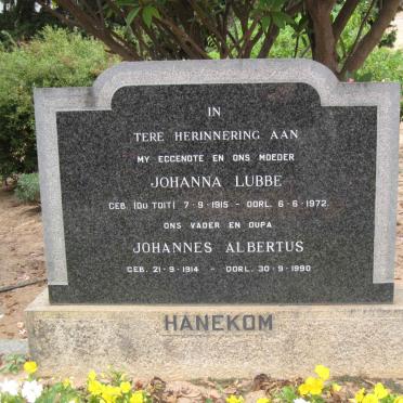 HANEKOM Johannes Albertus 1914-1990 &amp; Johanna Lubbe DU TOIT 1915-1972
