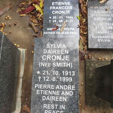 CRONJE Sylvia Daireen nee SMITH 1913-1999 :: CRONJE Etienne Francois 1948-2021