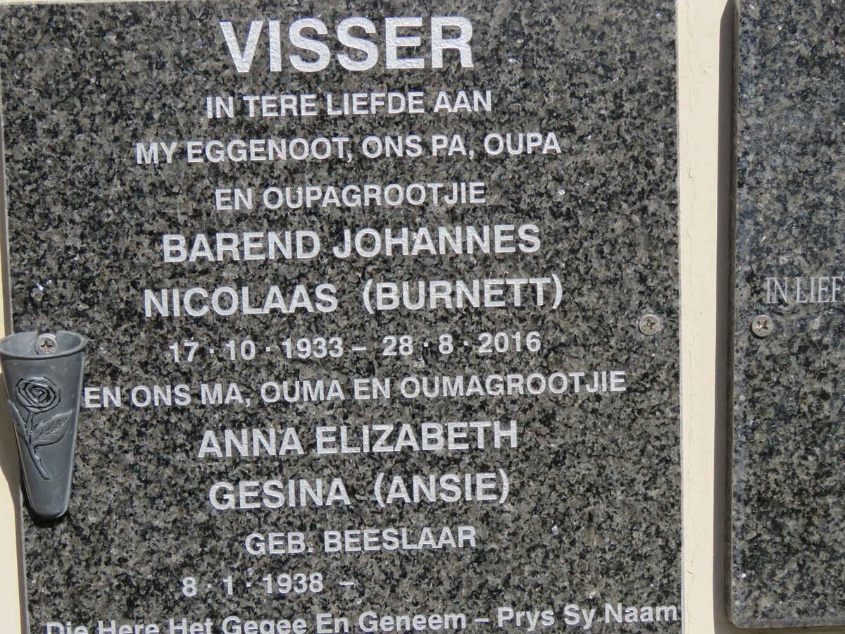 VISSER Barend Johannes Nicolaas 1933-2016 &amp; Anna Elizabeth Gesina BEESLAAR 1938-