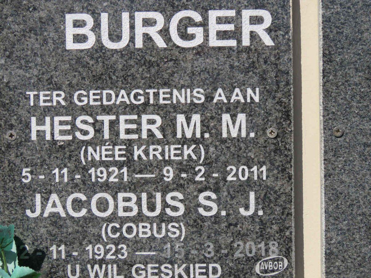BURGER Jacobus S.J. 1923-2018 &amp; Hester M.M. KRIEK 1921-2011