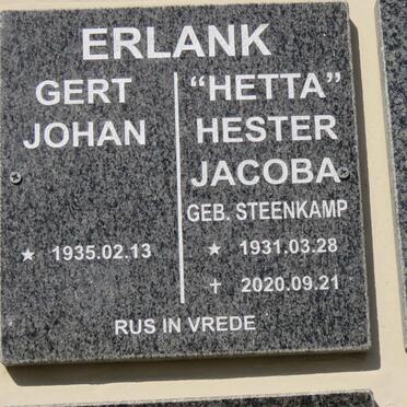 ERLANK Gert Johan 1935- &amp; Hester Jacoba STEENKAMP 1931-2020
