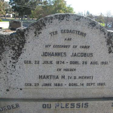 PLESSIS Johannes Jacobus, du 1874-1951 &amp; Martha M. V.D. MERWE 1885-1965