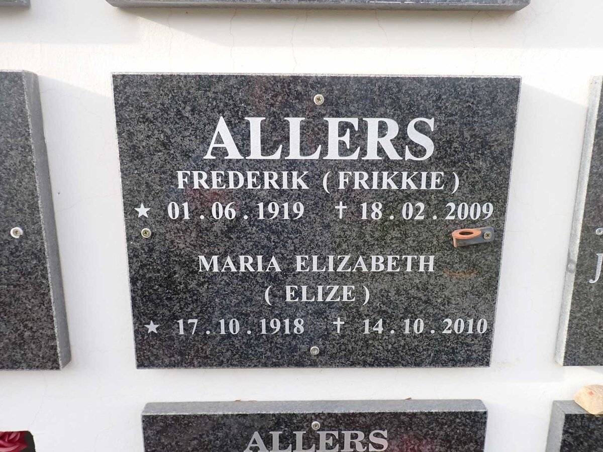 ALLERS Frederik 1919-2009 &amp; Maria Elizabeth 1918-2010
