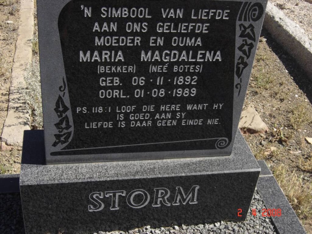 STORM Maria Magdalena, formerly BEKKER, nee BOTES 1892-1989
