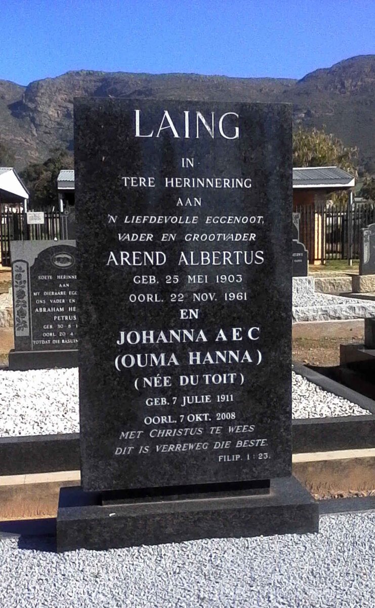 LAING Arend Albertus 1903-1961 &amp; Johanna A.E.C. DU TOIT 1911-2008
