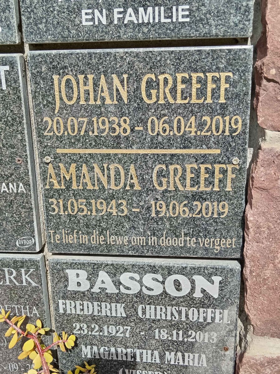 GREEFF Johan 1938-2019 &amp; Amanda 1943-2019