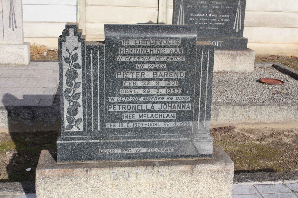 BOTHA Pieter Barend 1901-1953 &amp; Petronella Johanna McLACHLAN 1907-1998