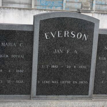 EVERSON Jan F.A. 1882-1970 &amp; Maria C. BOTHA 1882-1932 :: EVERSON Sannie E. nee DE VILLIERS 1881-1921